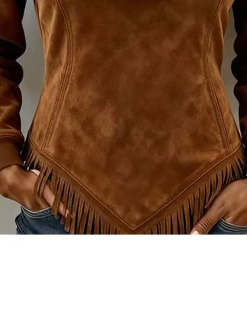 Women's Faux Suede Fringe Hem Quarter Zip Sherpa Pullover