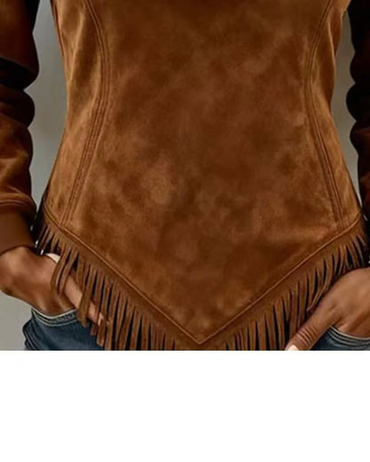 Women's Faux Suede Fringe Hem Quarter Zip Sherpa Pullover