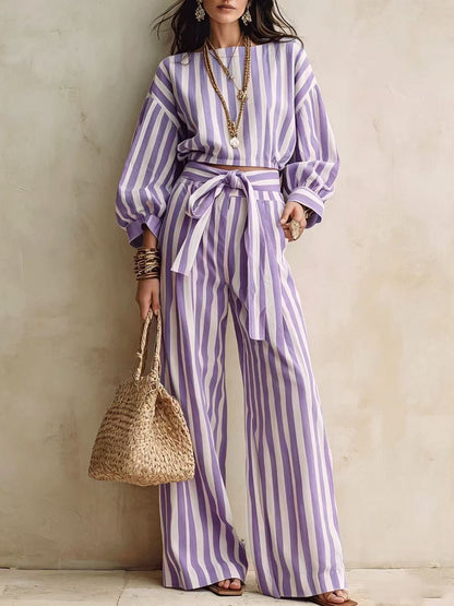 Striped Two Piece Crop Top Wide Leg Pants Set
