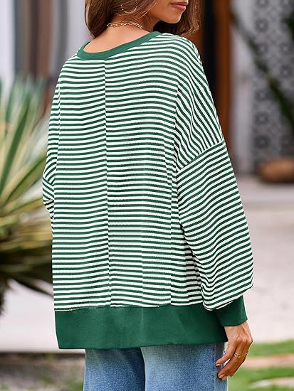 Oversized Waffle Knit Striped Crewneck Side Slit Pullover