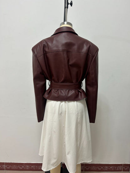 Belted Faux Leather Jacket Women Moto Blazer