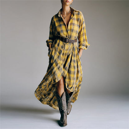 Vintage Plaid Maxi Shirt Dress Belted Long Sleeve