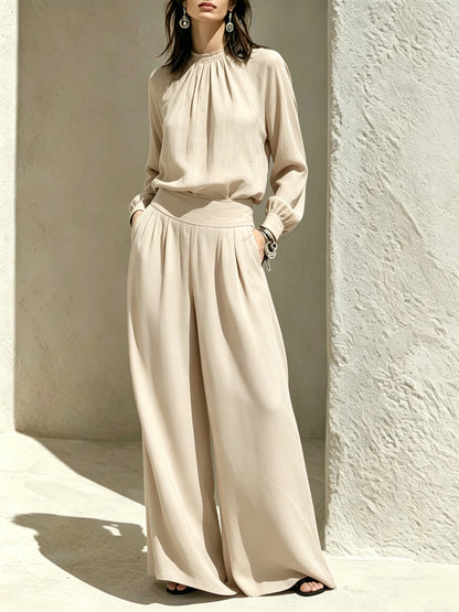 Women's Mock Neck Blouse Wide Leg Pants Matching Set