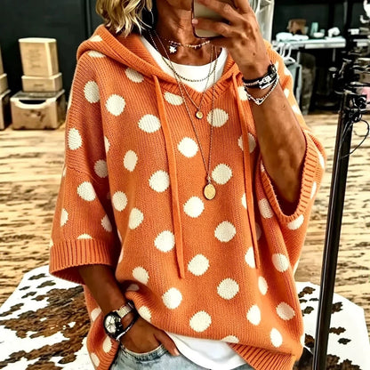 Women's Polka Dot Hooded Knit Sweater Oversized 3/4 Sleeve