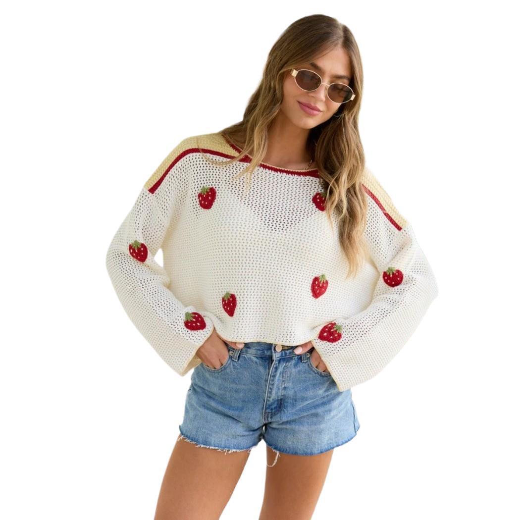 Women's Strawberry Cropped Crew Neck Knit Sweater
