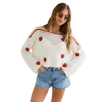 Women's Strawberry Cropped Crew Neck Knit Sweater