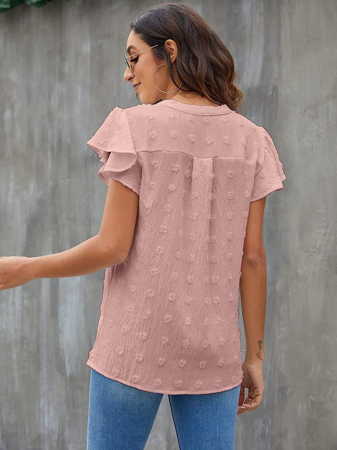 Women's V-Neck Pleated Sleeve Top with Pom Poms - Perfect for Summer
