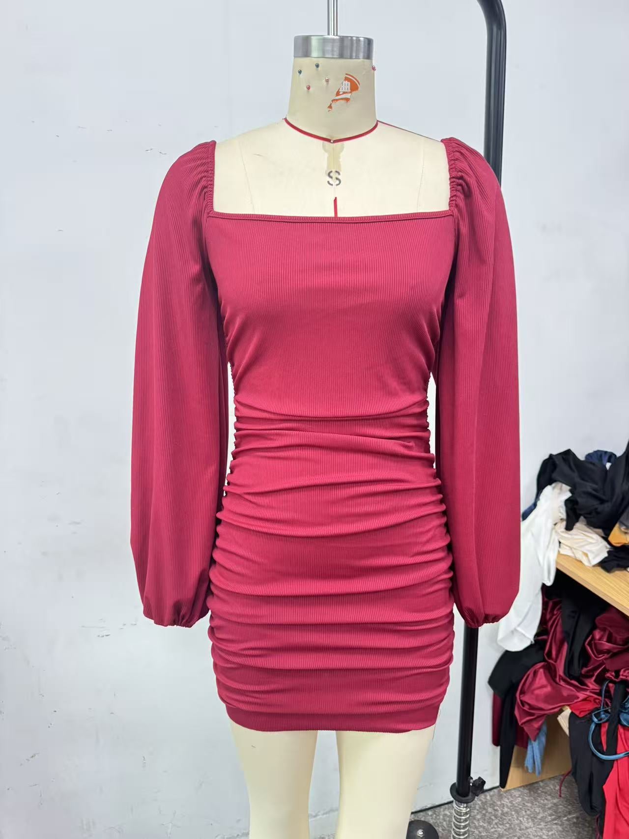 Burgundy Square Neck Long Sleeve Ruched Bodycon Mini Dress