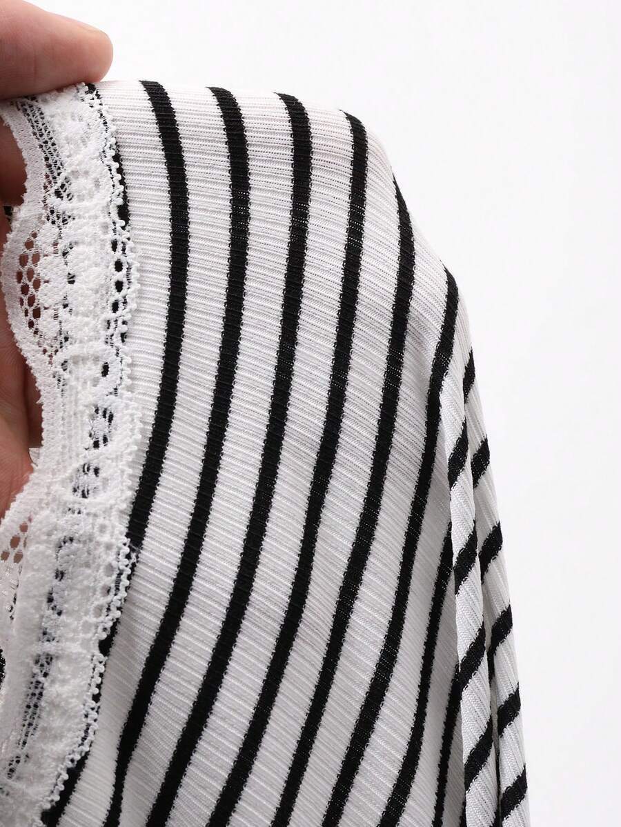 Lace Trim Striped Ribbed Knit Button Front Cardigan