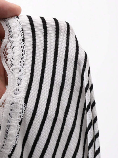 Lace Trim Striped Ribbed Knit Button Front Cardigan