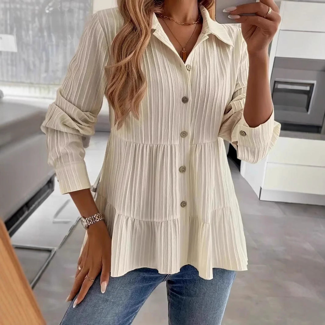 Women's Tiered Collared Long Sleeve Button Down Blouse