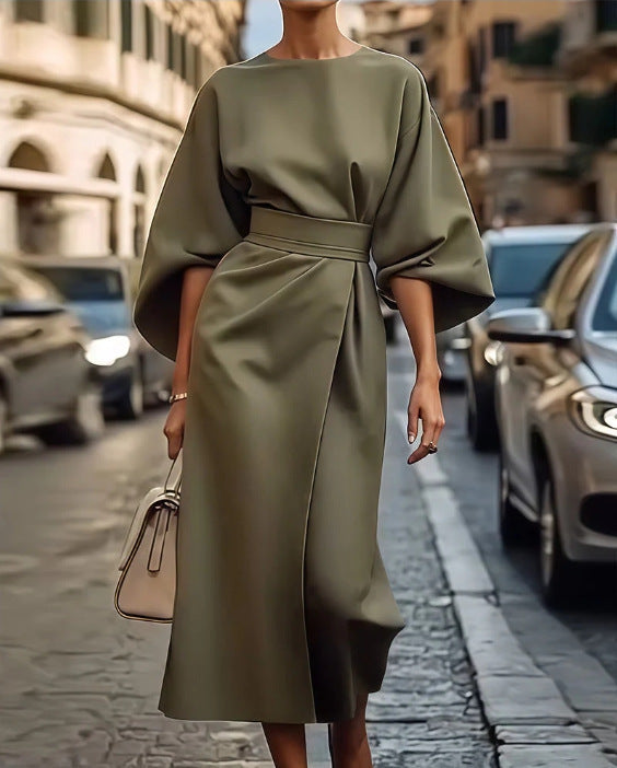 Elegant Batwing Sleeve Tie Waist Maxi Dress