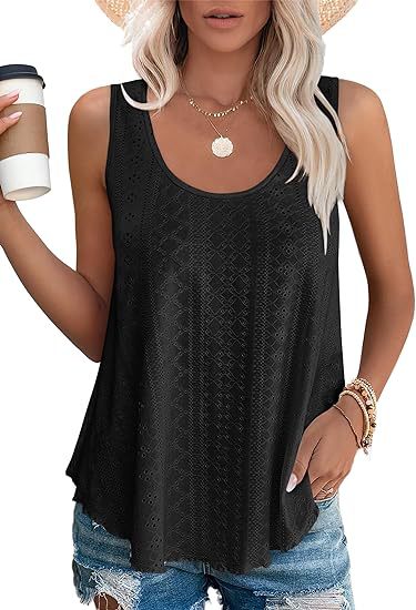 Eyelet Knit Tank Top Sleeveless Loose Fit Summer Top