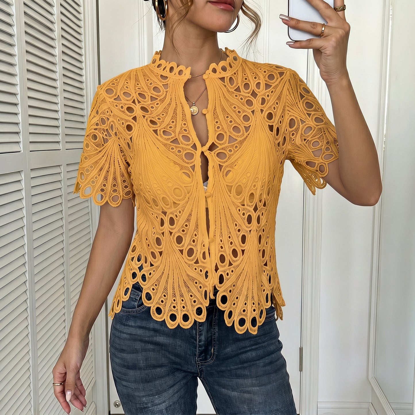Women's Crochet Lace Button Front Blouse with Bell Sleeves