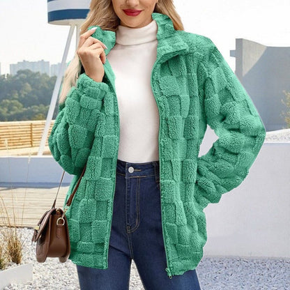 Textured Plush Zip Jacket Stand Collar Fleece Outerwear