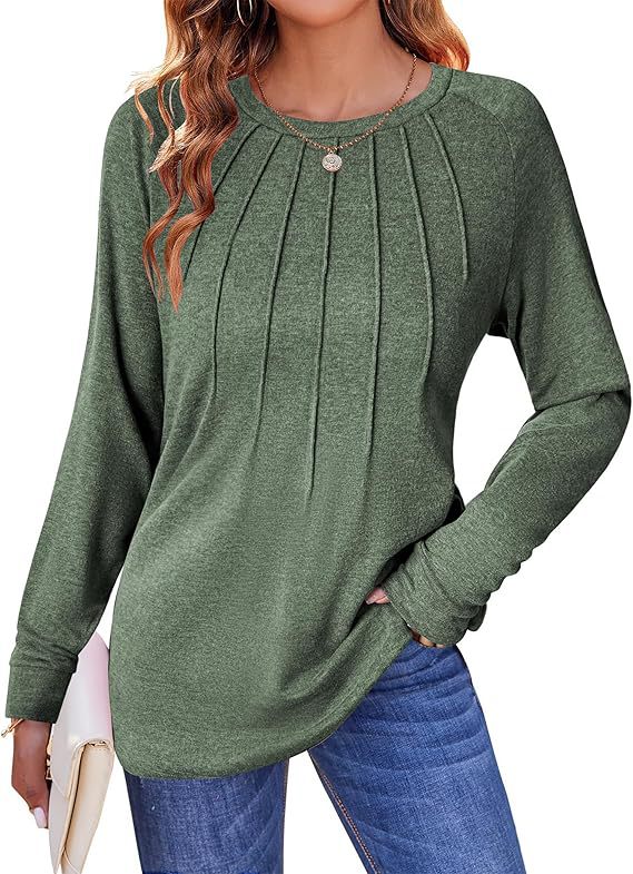 Women's Pleated Crew Neck Long Sleeve Casual Top