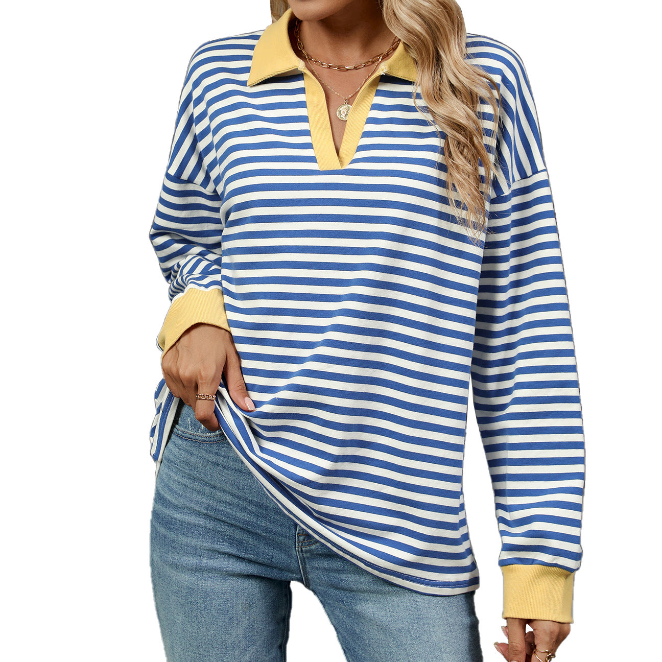 Women's Oversized Striped Collared Sweatshirt Pullover