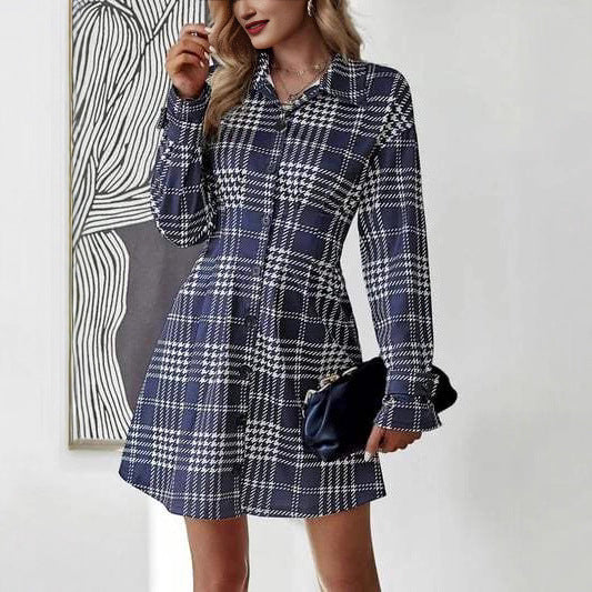 Plaid Button Front Mini Shirt Dress Long Sleeve