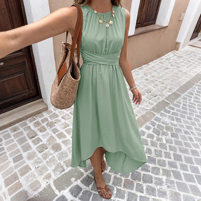 Sleeveless Tie Waist Midi Dress Flowy Asymmetrical Hem