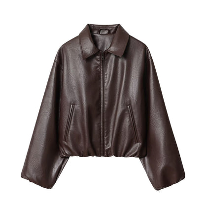 Women's Faux Leather Collared Zip-Up Bomber Jacket
