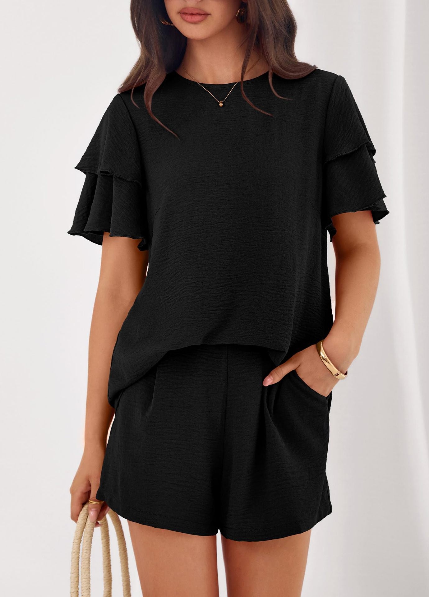 Solid Lounge Set Ruffle Sleeve Top Shorts 2 Piece Set