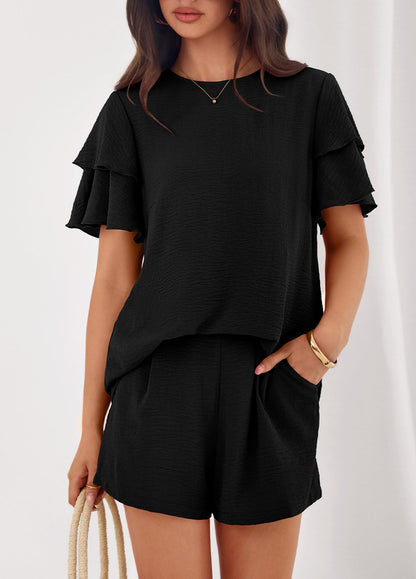 Solid Lounge Set Ruffle Sleeve Top Shorts 2 Piece Set