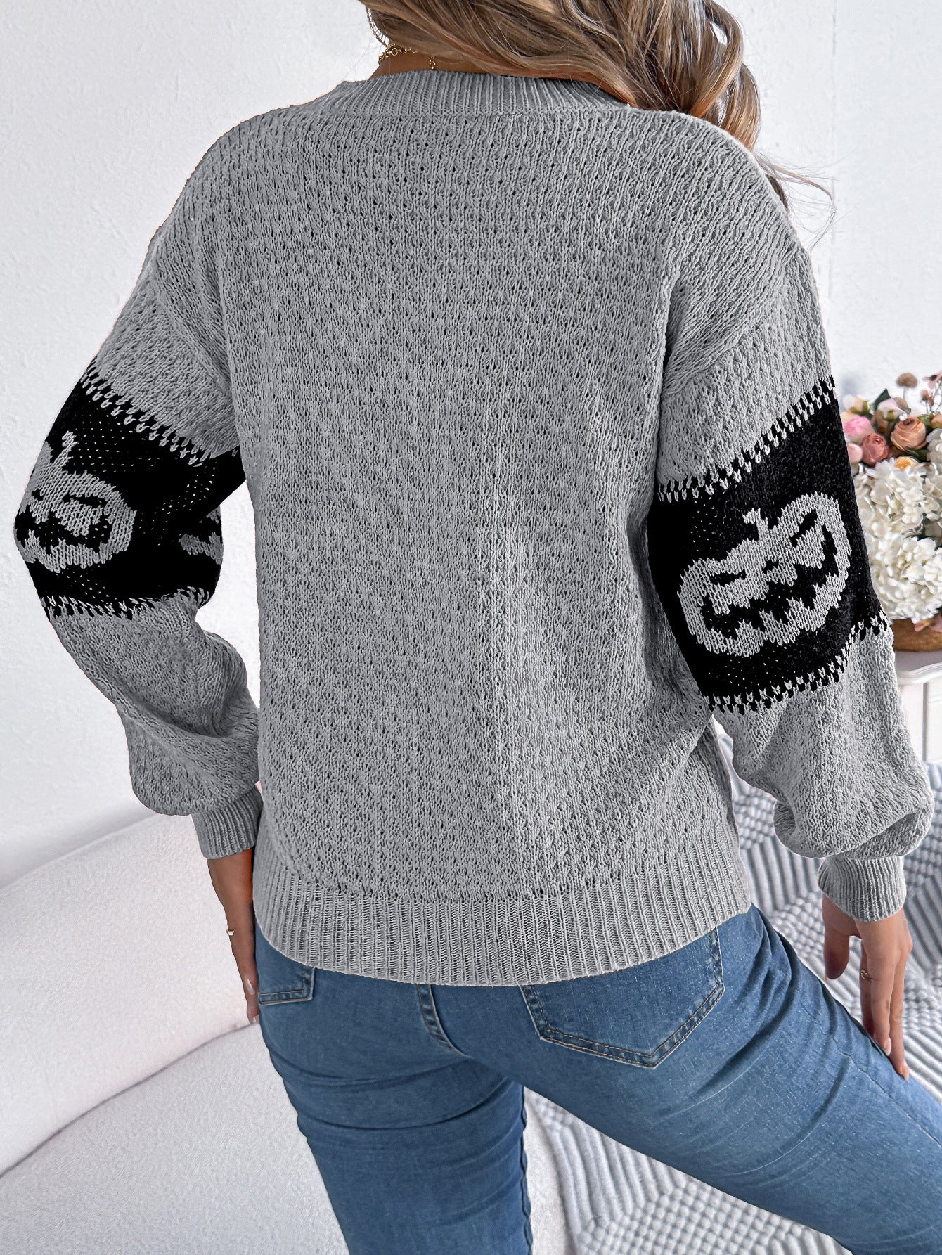 Halloween Pumpkin Pattern Colorblock Long Sleeve Sweater