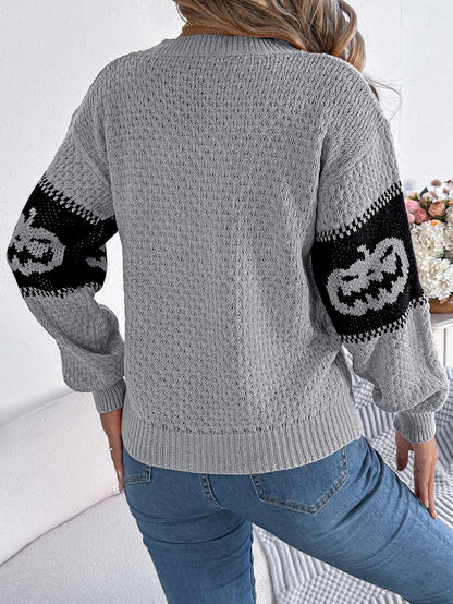 Halloween Pumpkin Pattern Colorblock Long Sleeve Sweater