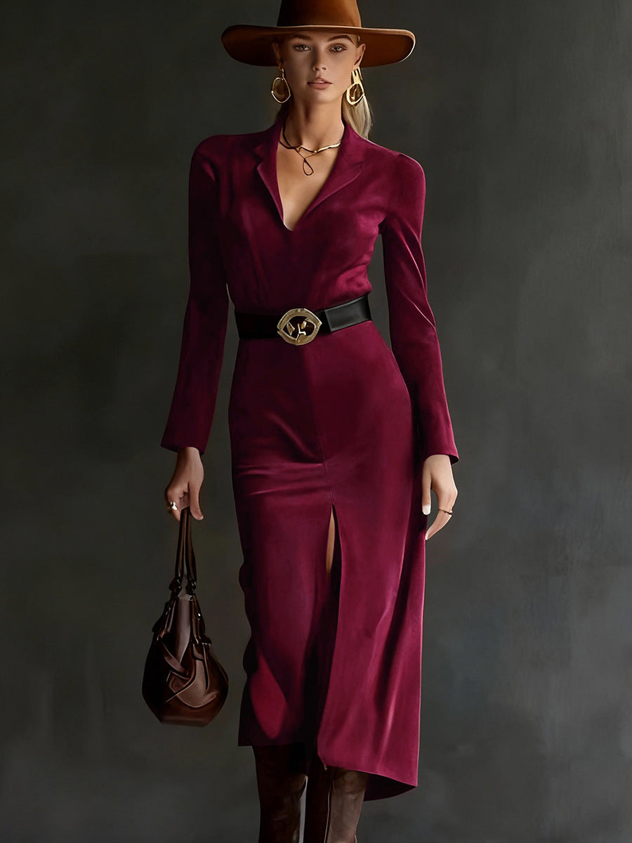 Suede Blazer Dress Belted Slit Midi Long Sleeve