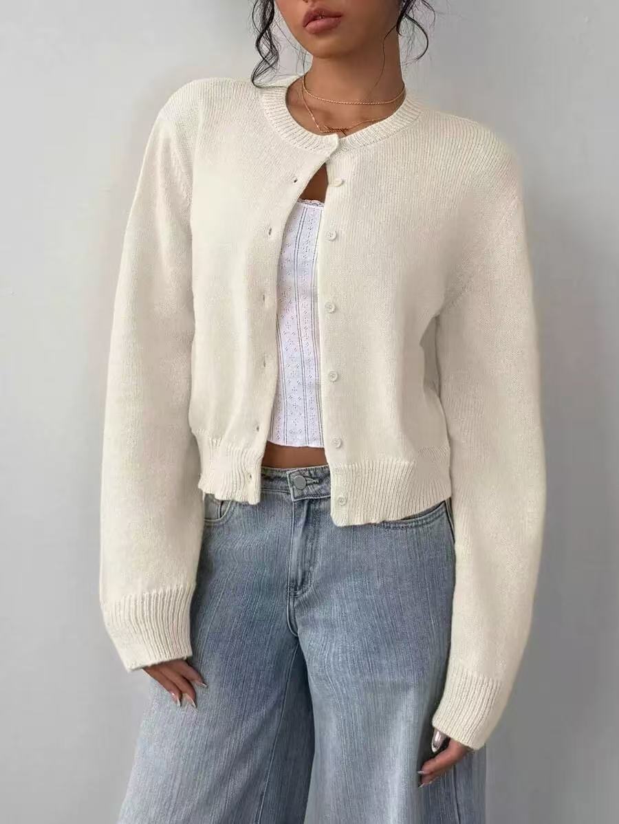 Women Cropped Knit Cardigan Long Sleeve Button Front Loose