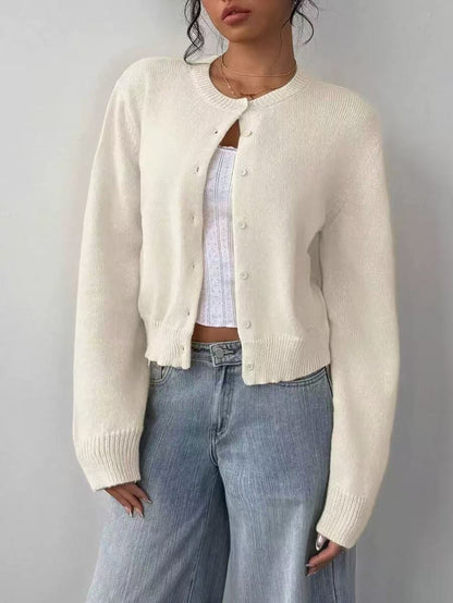 Women Cropped Knit Cardigan Long Sleeve Button Front Loose