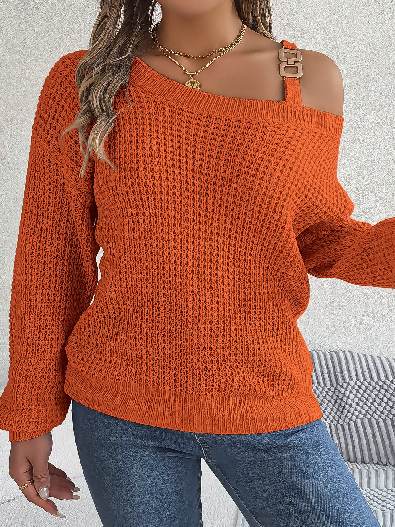 Casual Metal Buckle Splicing Off-shoulder Lantern Sleeve Pullover Sweater