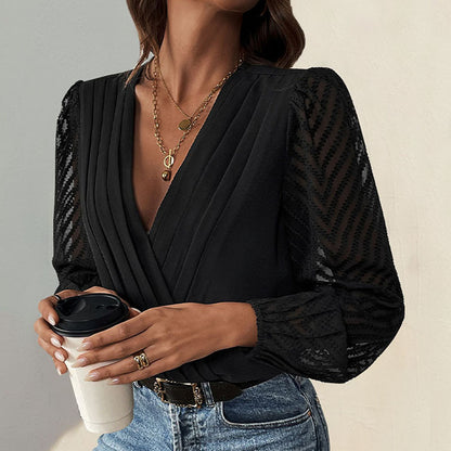 Lace Sleeve V Neck Surplice Bodysuit Long Sleeve Top