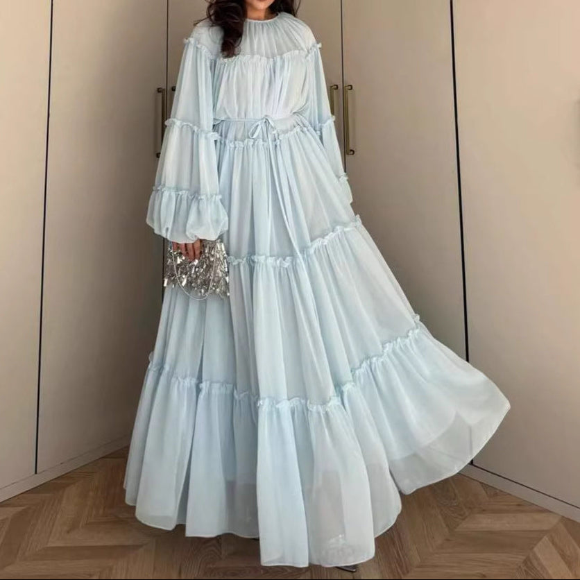 Long Puff Sleeve Tiered Maxi Dress Tie Waist