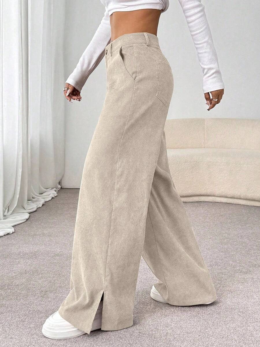 Women's Corduroy Wide Leg Pants Split Hem Casual Trousers