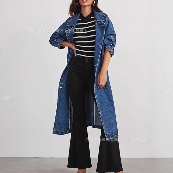 Womens Long Denim Trench Coat Oversized Vintage Jacket