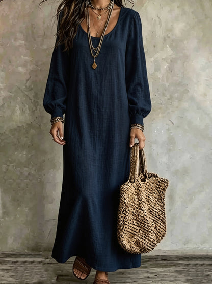 Women's Boho Long Sleeve U-Neck Maxi Dress Loose Solid