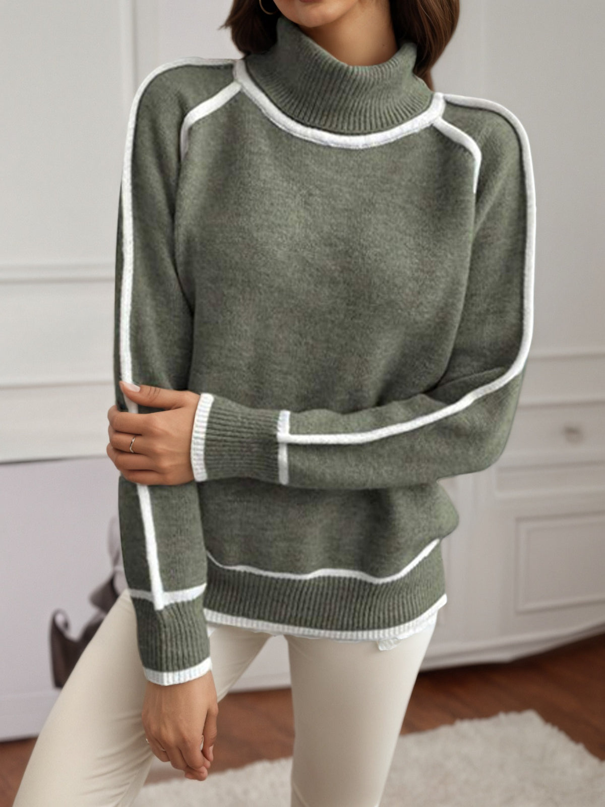 Oversized Contrast Trim Turtleneck Sweater Raglan Sleeve