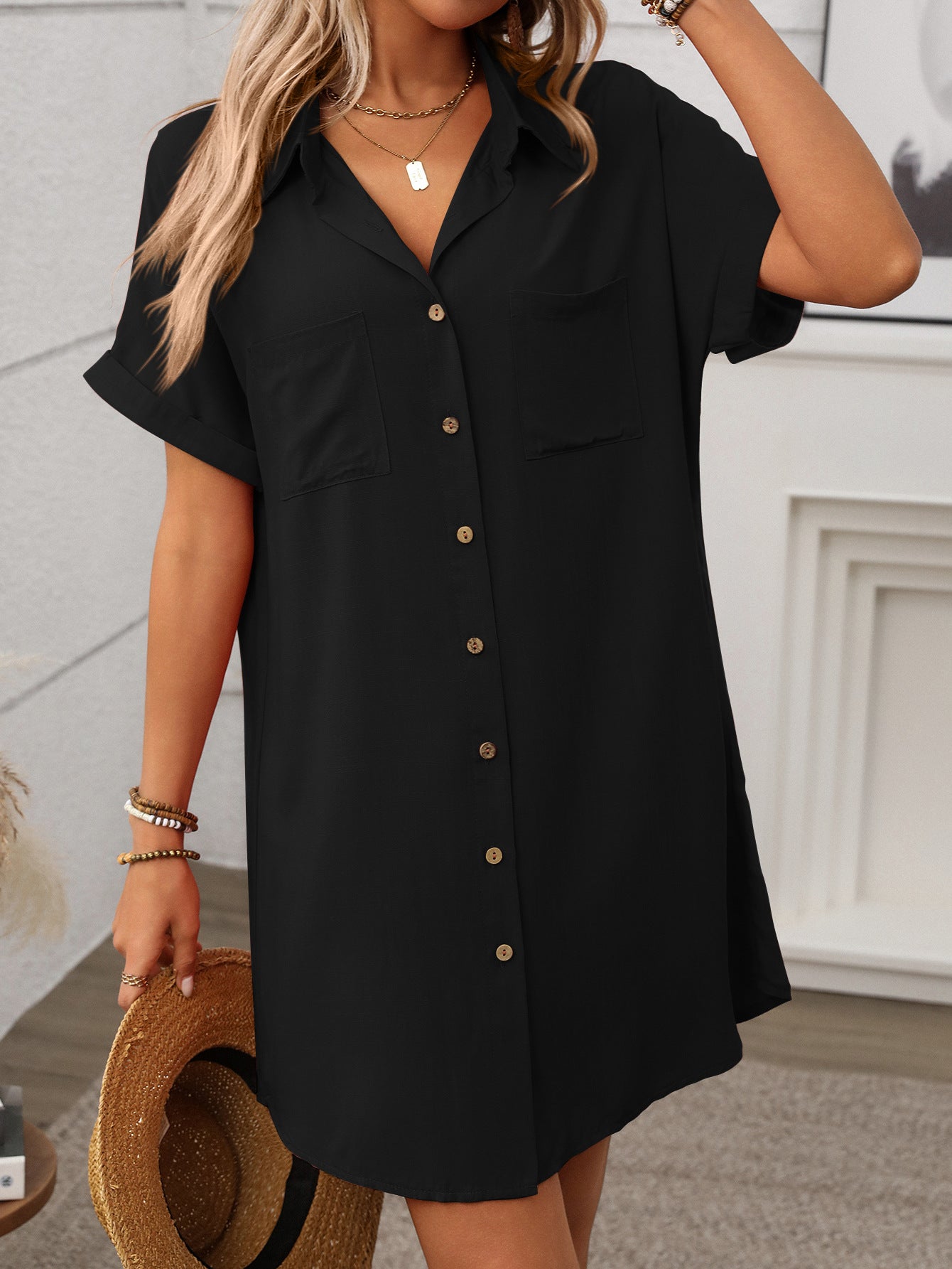 Striped Short Sleeve Shirt Dress Casual Summer Style