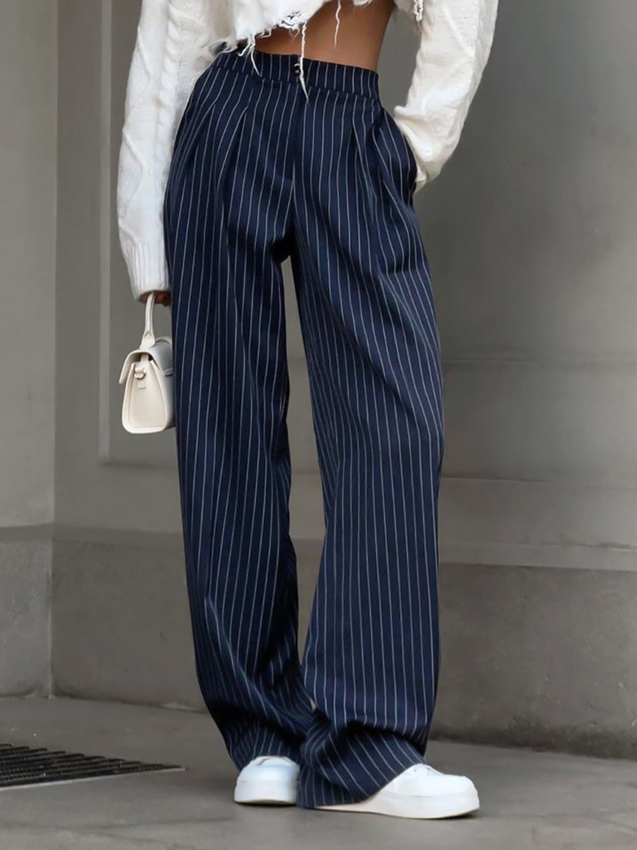 Women's Navy Striped High Waist Wide Leg Trousers