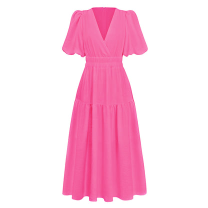 V-Neck Bubble Sleeve Holiday Dress American Fashion