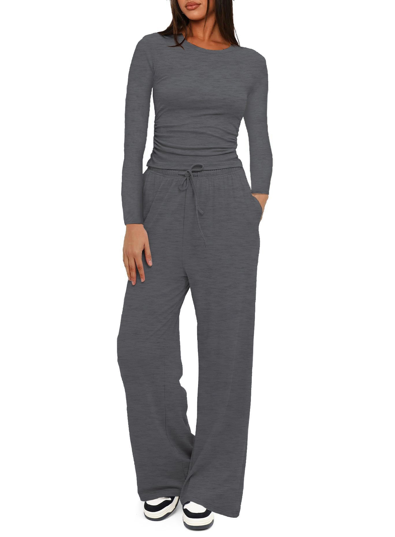 Women's 2 Piece Lounge Set Long Sleeve Top Wide Leg Pants