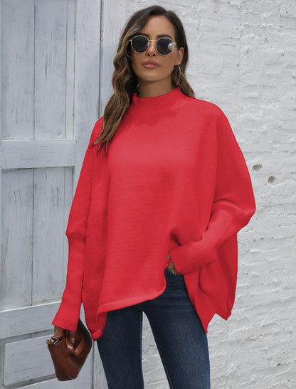 Ladies Loose Split Split Bat Sleeve Half Turtleneck Sweater