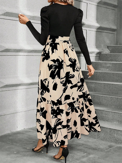 Women's Floral Tiered Maxi Dress Long Sleeve Belted Casual