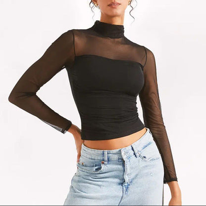 Sexy Sheer Mesh Mock Neck Long Sleeve Crop Top