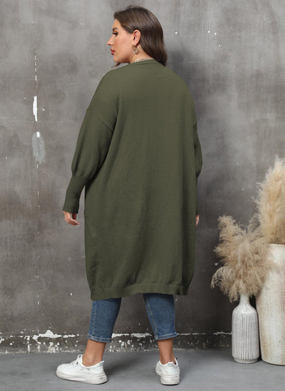 Women's Loose Medium and Long Double Pocket Lantern Sleeve Sweater Cardigan Jacket