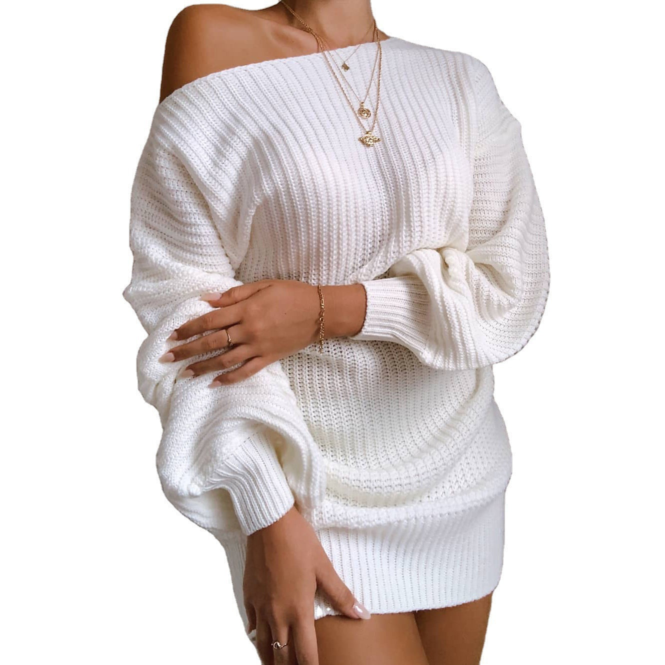 Off Shoulder Balloon Sleeve Ribbed Sweater Dress
