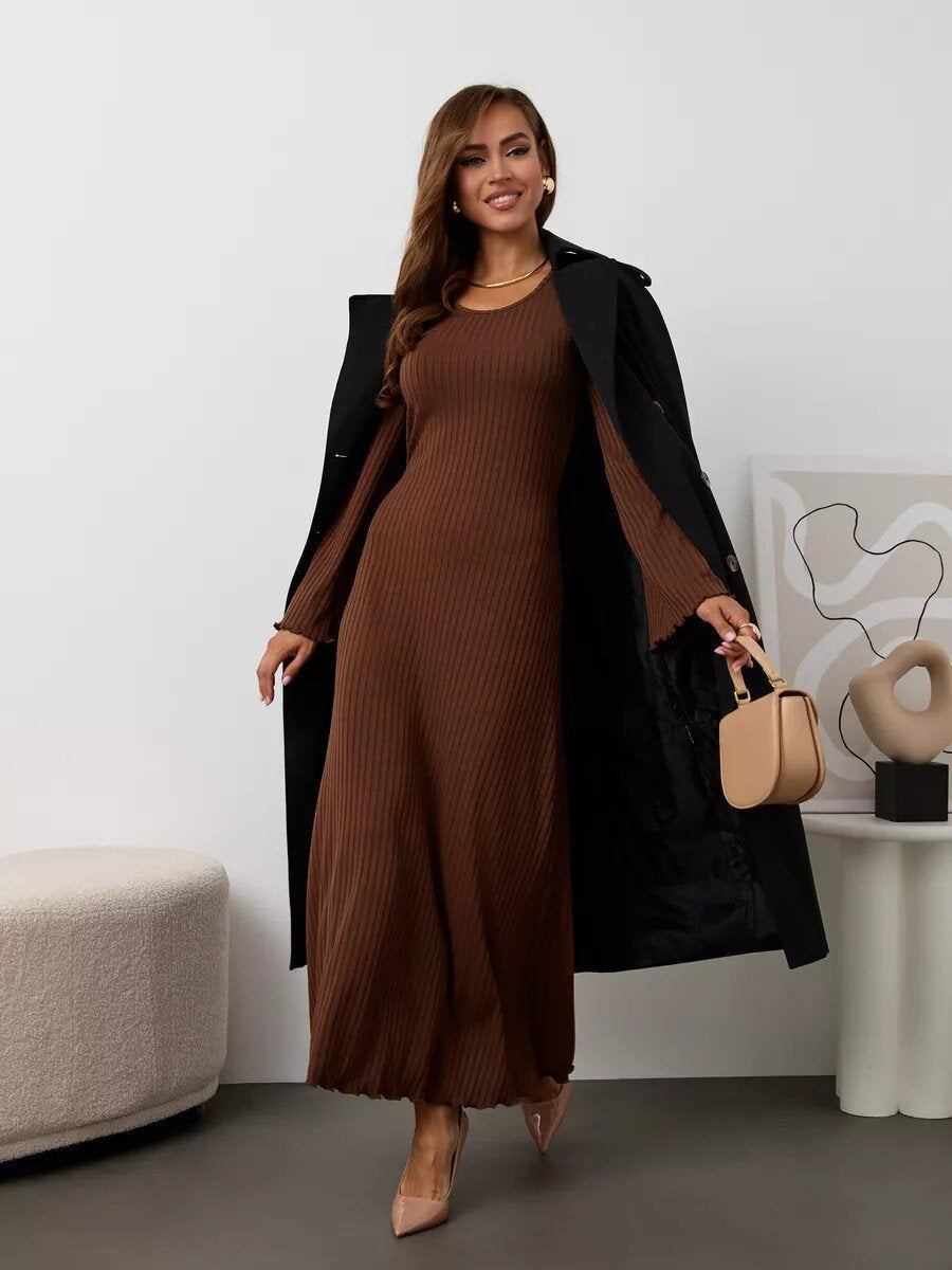 Women's Ribbed U Neck Flare Sleeve Tie Back Maxi Dress