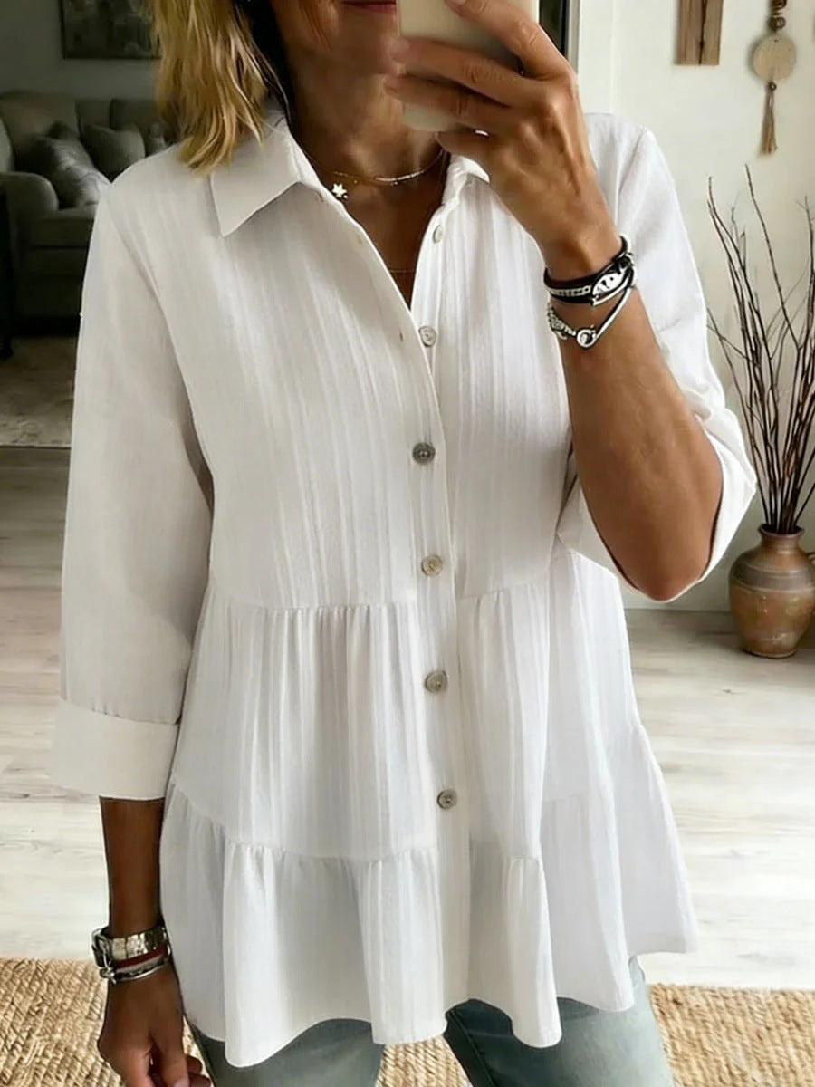 Women's Tiered Collared Long Sleeve Button Down Blouse
