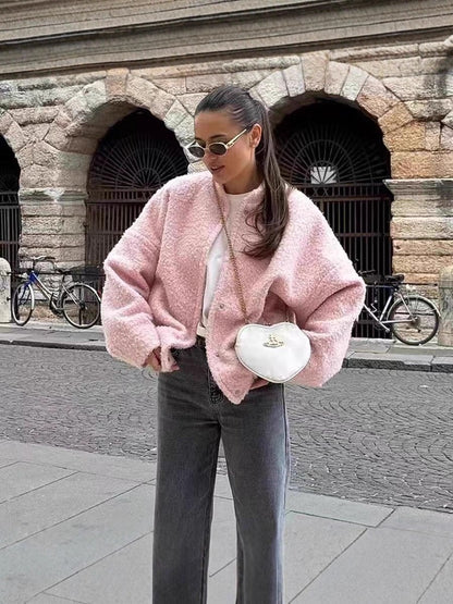 Women's Pink Cropped Sherpa Fleece Jacket Winter Coat